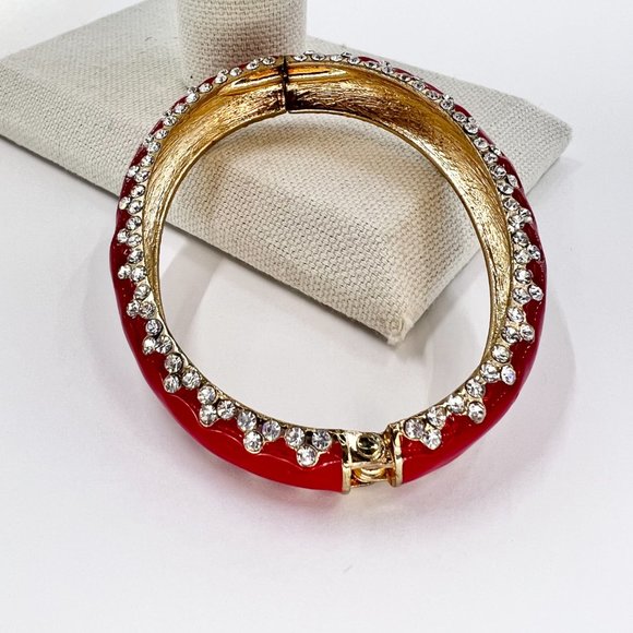 NWOT - Red Enameled Clear Rhinestone Gold Tone Hinge Bracelet - Picture 4 of 5